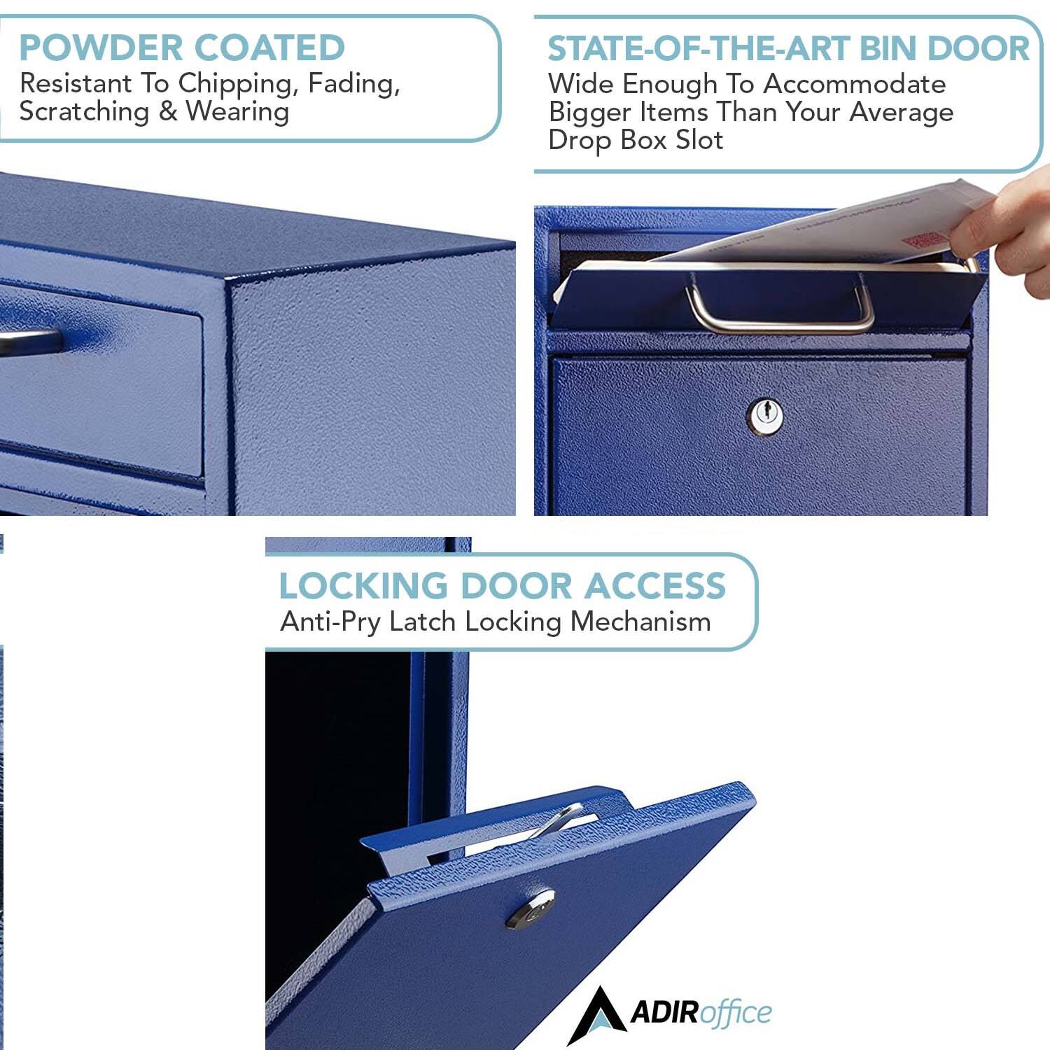 POWDER COATED Resistant To Chipping, Fading, Scratching & Wearing
STATE-OF-THE-ART BIN DOOR Wide Enough To Accommodate Bigger Items Than Your Average Drop Box Slot
LOCKING DOOR ACCESS Anti-Pry Latch Locking Mechanism
ADIRoffice