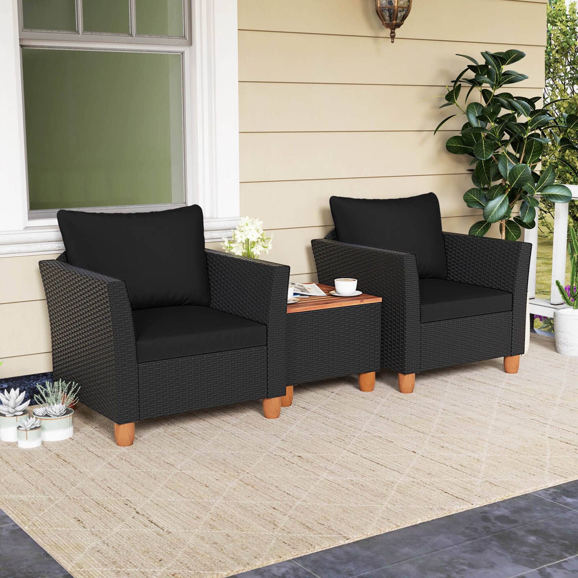 Alt View 2. Costway - Costway 3PCS Patio Rattan Furniture Set Cushioned Sofa Storage Table with Wood Top - Black.
