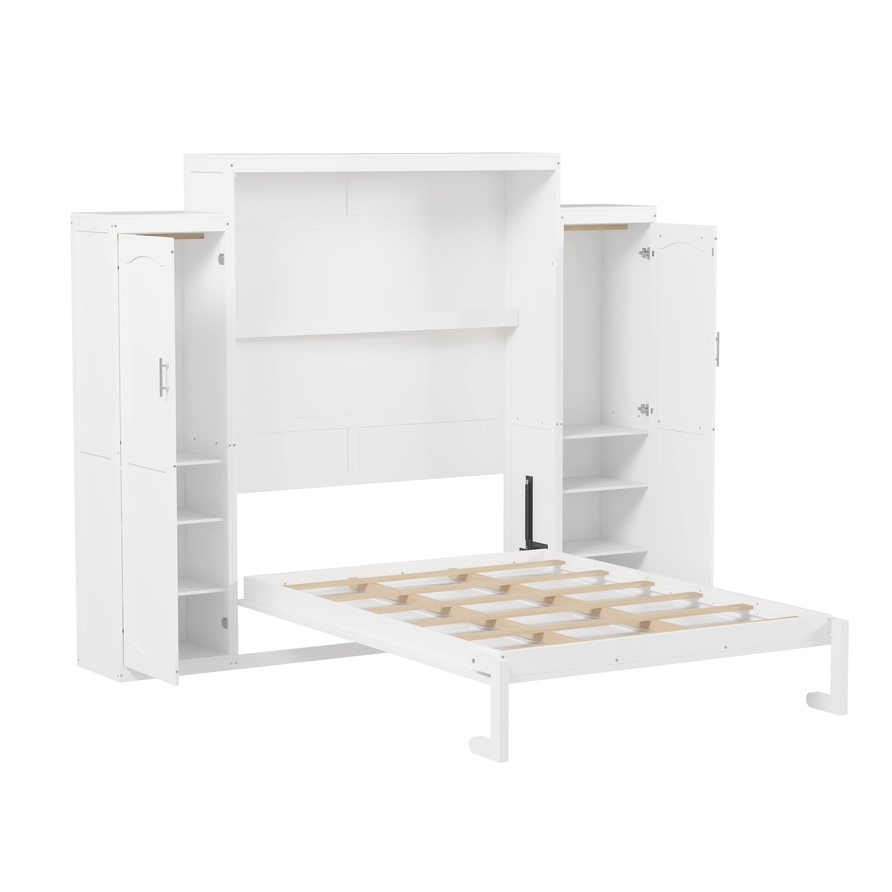 Alt View 5. Tiramisubest - Queen Size Murphy Bed with 2 Wardrobe and Storage Shelf, Multifunctional Foldable Platform Bedframe, White - White.