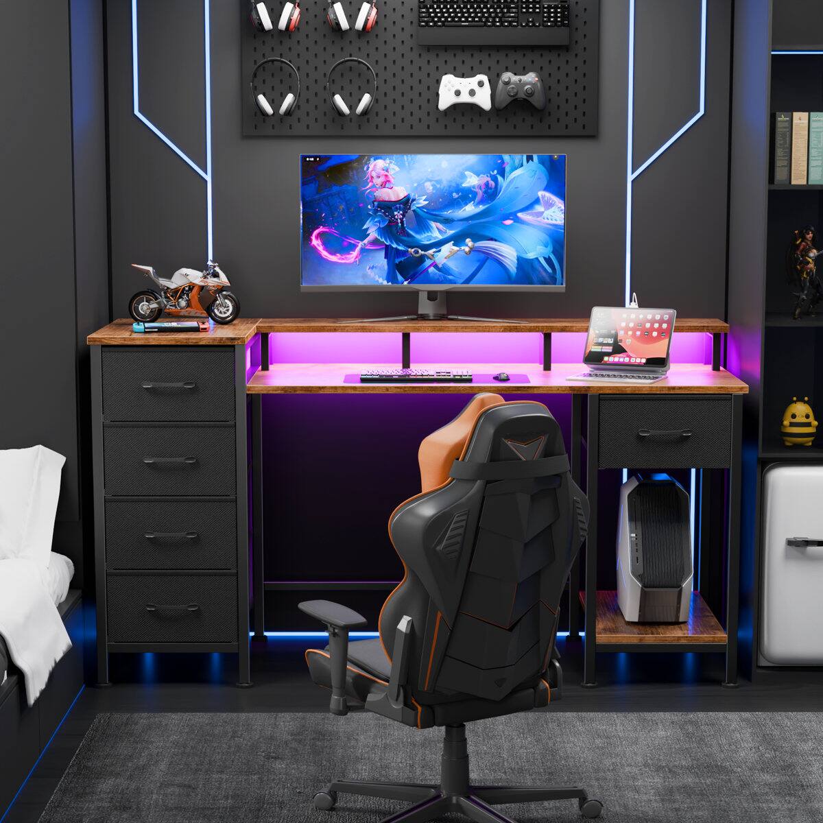 Alt View 5. Furnulem - 47 Inches Computer Desk with Monitor Stand Charging Station  LED Lights Gaming Desk with Drawers for Home Office - Brown.