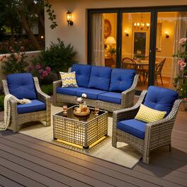 Ovios - 4 PCS Patio Furniture Set 3 Seat Comfy Sofa All-Weather Wicker Armchairs with Coffee Table - Navy Blue