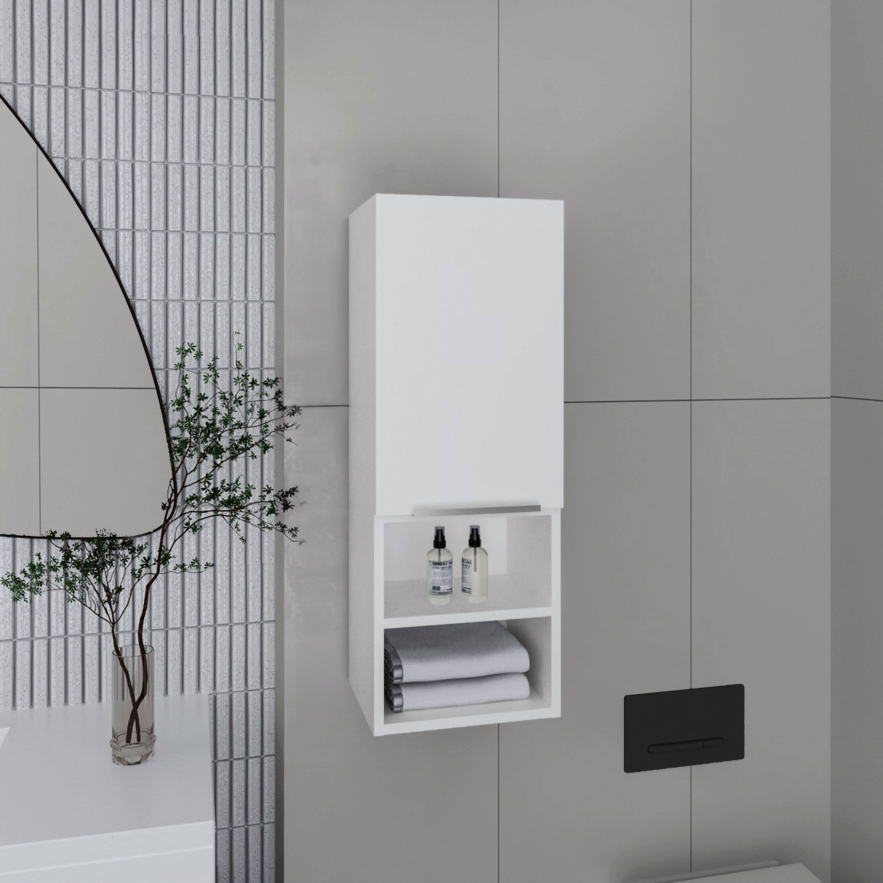 Angle. TuHome - Mila Bathroom Cabinet, Two Interior Shelves, Two External Shelves, Single Door Cabinet - White.