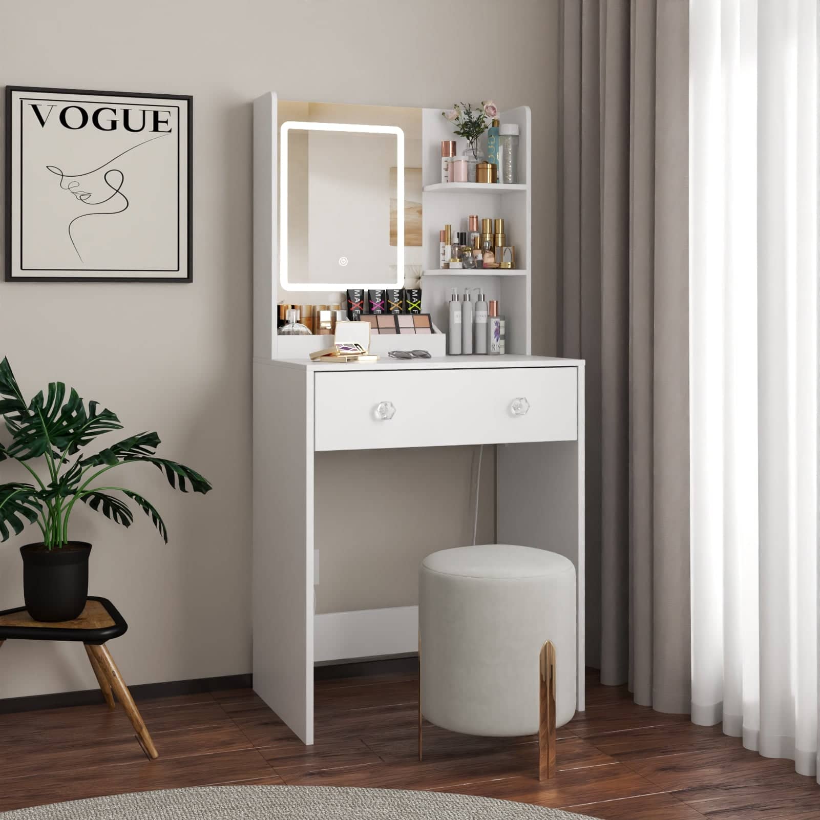 Front. Furologee - Vanity Desk with Mirror and Lights Makeup Vanity with Drawers - White.