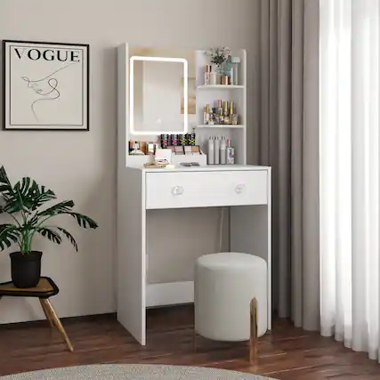 Front. Furologee - Vanity Desk with Mirror and Lights Makeup Vanity with Drawers - White.