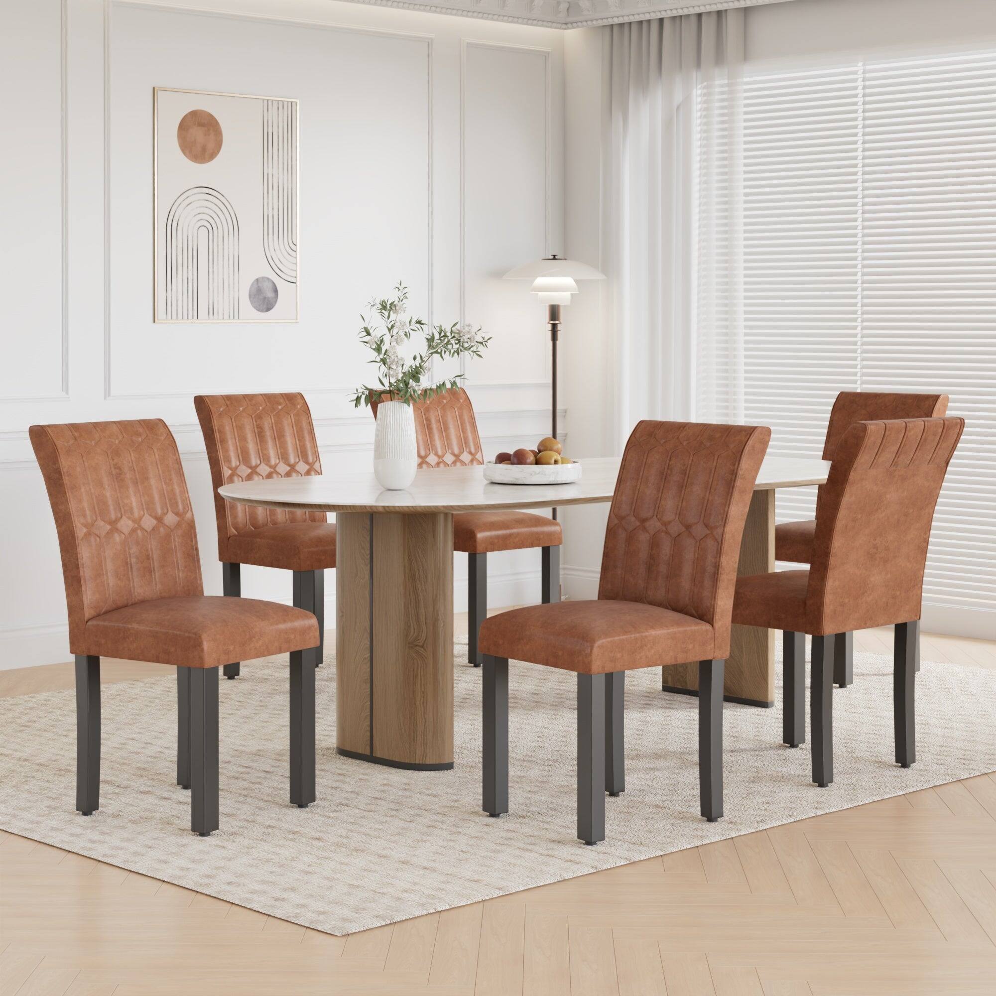 Alt View 1. Vecelo - Set of 6 PU Leather Dining Chairs  - Ergonomic High Back Chairs With Solid Wood Legs - Brown.