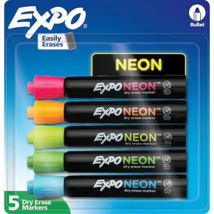 EXPO Neon Bullet™ NEON AP EXPO dry erase marker
Easily Erases
5 Dry Erase Markers
TM NEON AP EXPO dry erase marker
TM NEON AP EXPO dry erase marker
TM NEON AP EXPO dry erase marker
TM NEON AP EXPO dry erase marker
TM NEON AP EXPO dry erase marker