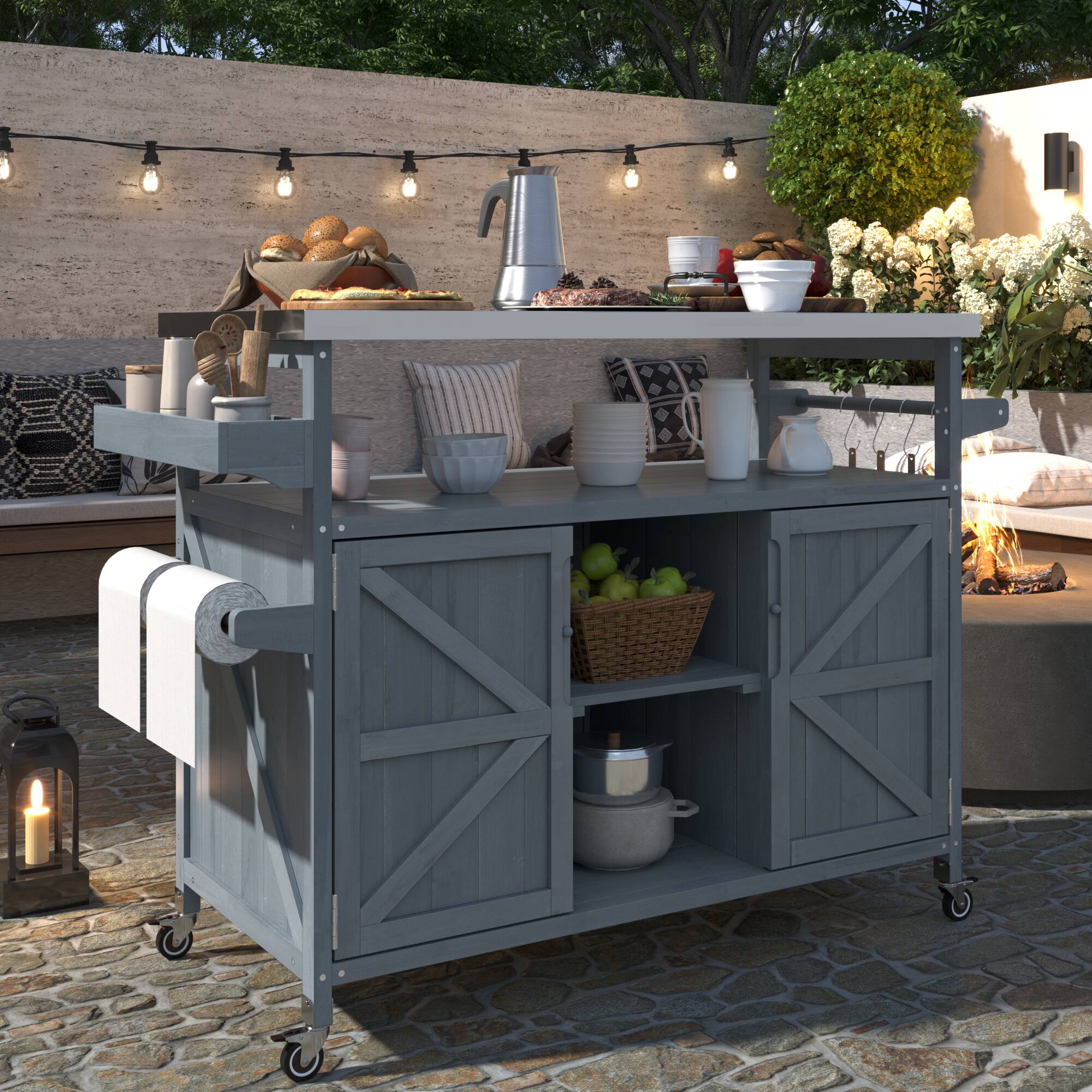 Alt View 8. Ecooso - Outdoor Kitchen Cart with Stainless Steel Top, Storage Racks, Modular Shelves, and Lockable Wheels for Patio or BBQ - Grey+Blue.