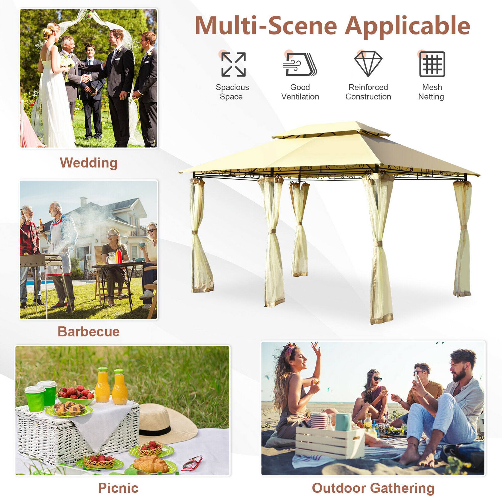 Multi-Scene Applicable

Wedding
Barbecue
Picnic
Outdoor Gathering

Spacious Space
Good Ventilation
Reinforced Construction
Mesh Netting