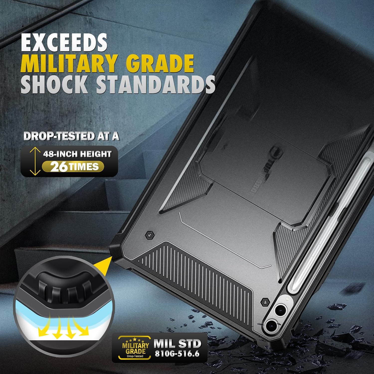 EXCEEDS MILITARY GRADE SHOCK STANDARDS

DROP-TESTED AT A 48-INCH HEIGHT 26 TIMES

MILITARY MIL STD GRADE 810G-516.6 Drop-Tested