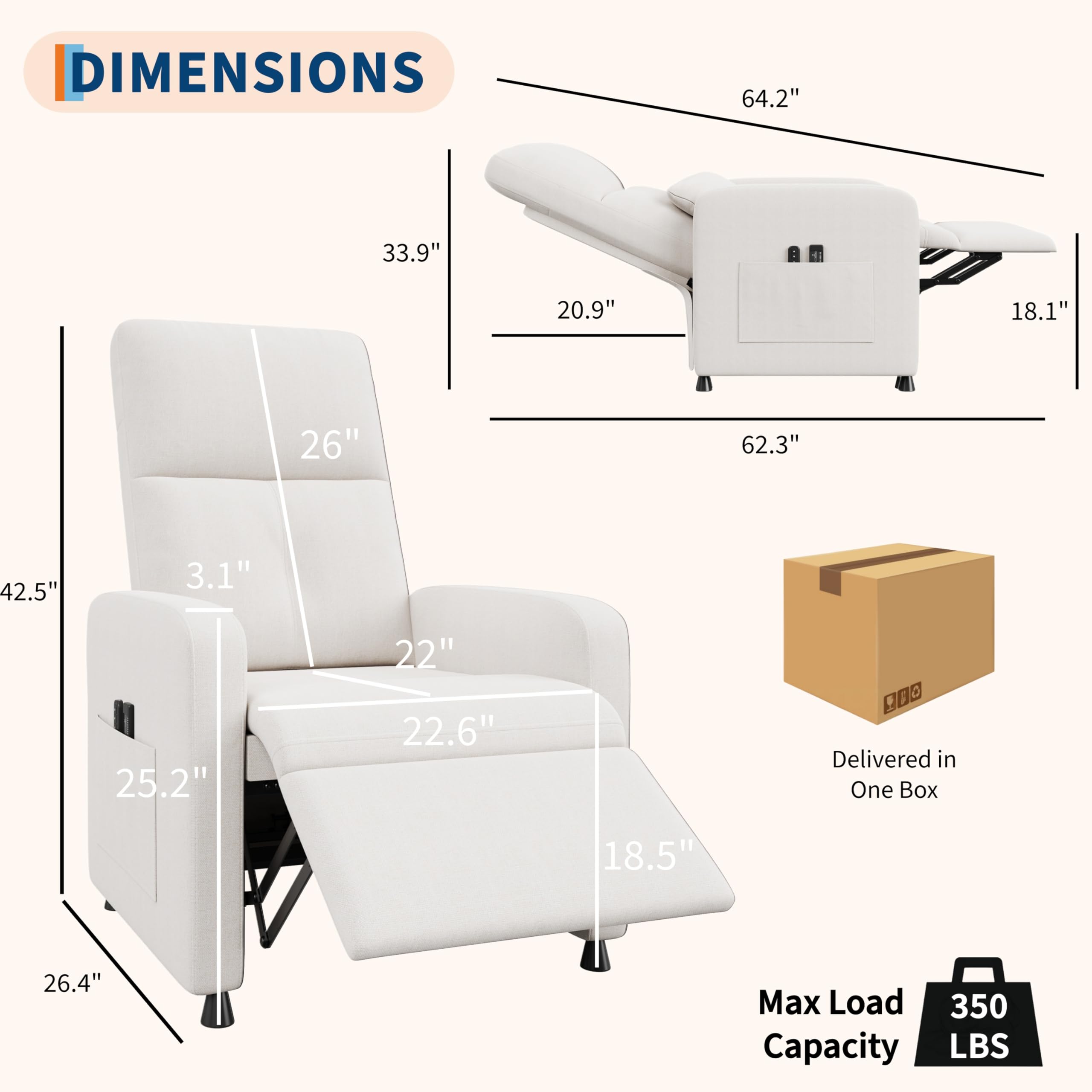 DIMENSIONS  
64.2" x 33.9" x 20.9" x 18.1" x 26" x 62.3" x 42.5" x 3.1" x 22" x 25.2" x 22.6" x 18.5" x 26.4"  
Delivered in One Box  
Max Load Capacity 350 LBS