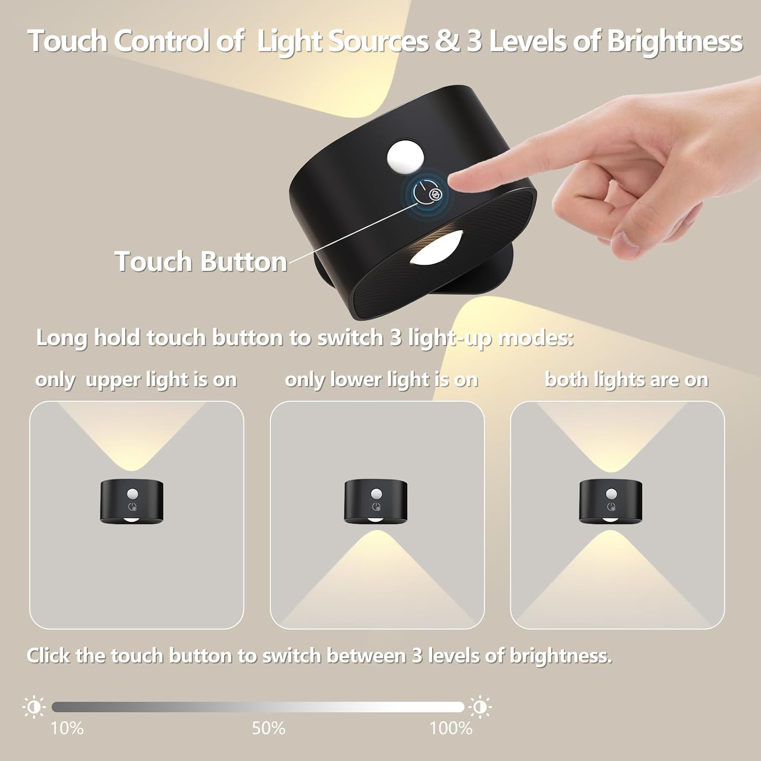 Touch Control of Light Sources & 3 Levels of Brightness

Touch Button

Long hold touch button to switch 3 light-up modes:
- only upper light is on
- only lower light is on
- both lights are on

Click the touch button to switch between 3 levels of brightness.
- 10%
- 50%
- 100%