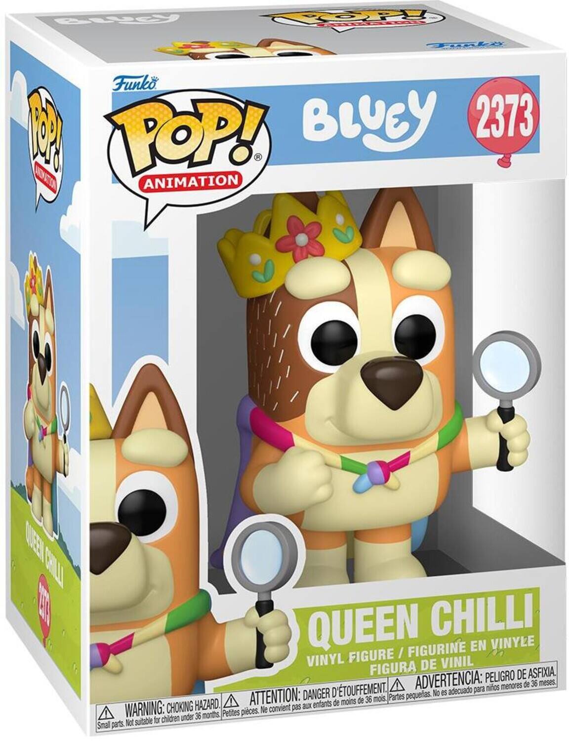BLUCY  
OP!  
Funko POP! ANIMATION  
BLUEY 2373  
ANIMATION  
KEEBUD CHILLI  
QUEEN CHILLI FIGURINE EN VINYLE FIGURE / VINYL FIGURA DE VINIL  
ADVERTENCIA: PELIGRO DE ASFIXIA. menores de 36 meses.  
D'TOUFFEMENT, adecuado para niños  
DANGER petites. No es HAZARD.  
ATTENTION: aux enfants de moins de 36 mois.  
Partes WARNING: CHOKING Petites pices, Ne convient pas for children under 36 months, Small parts. Not suitable