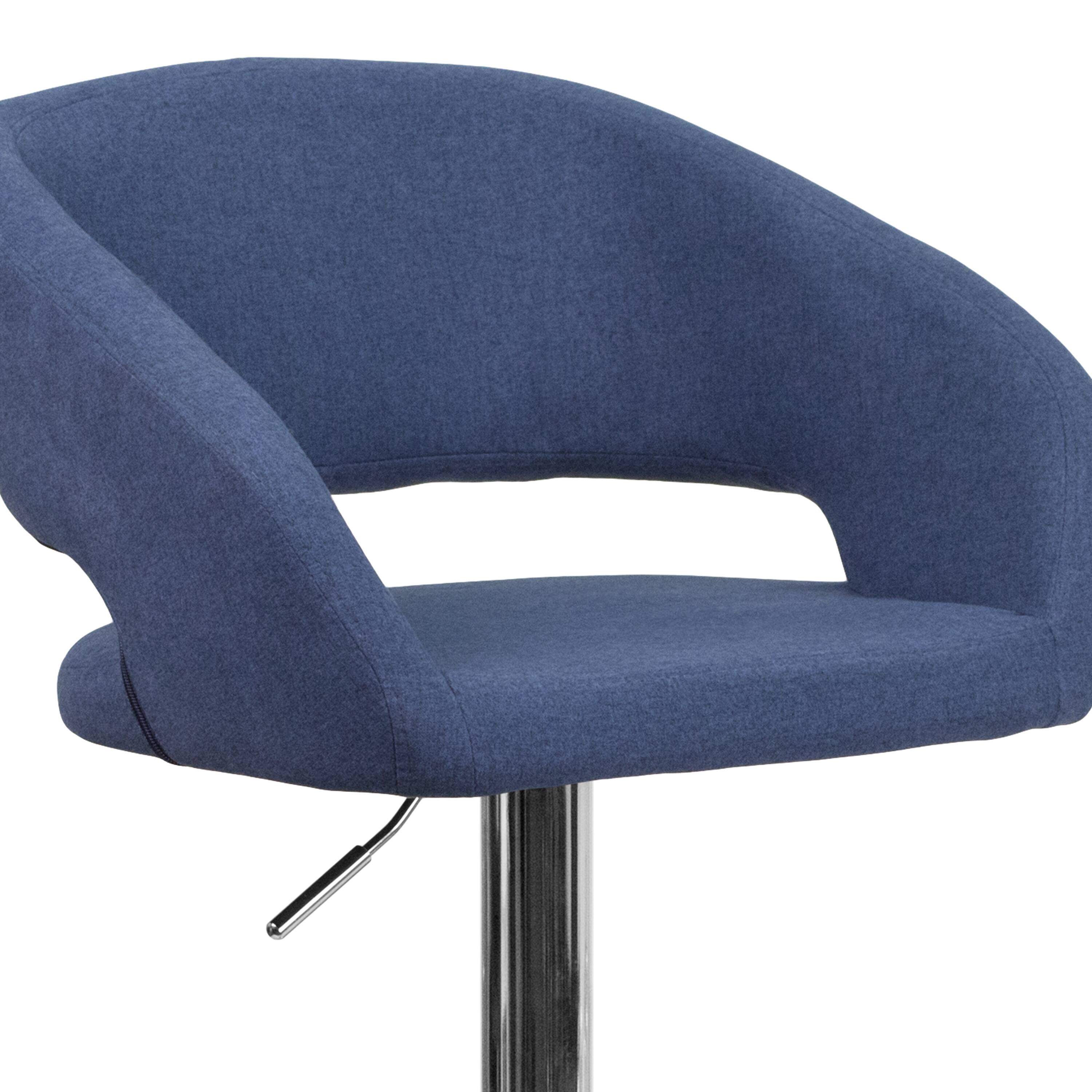 Alt View 8. Emma + Oliver - Shae Contemporary Upholstered Adjustable Height Barstool with Rounded, Cutout Mid-Back and Pedestal Base - Blue Fabric/Chrome Frame.