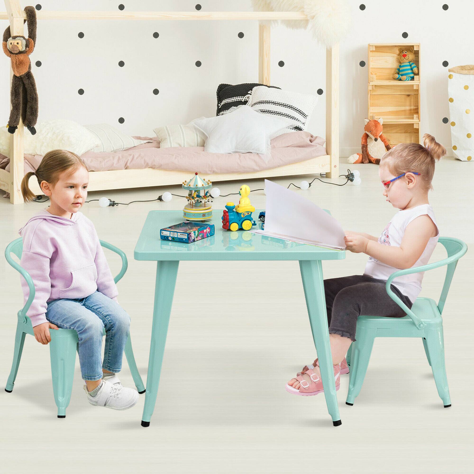 Alt View 3. Gymax - Gymax 3 Pcs Kids Dining Set Square Table & 2 Tolix Armchairs Play Learn Activity Home - Blue.