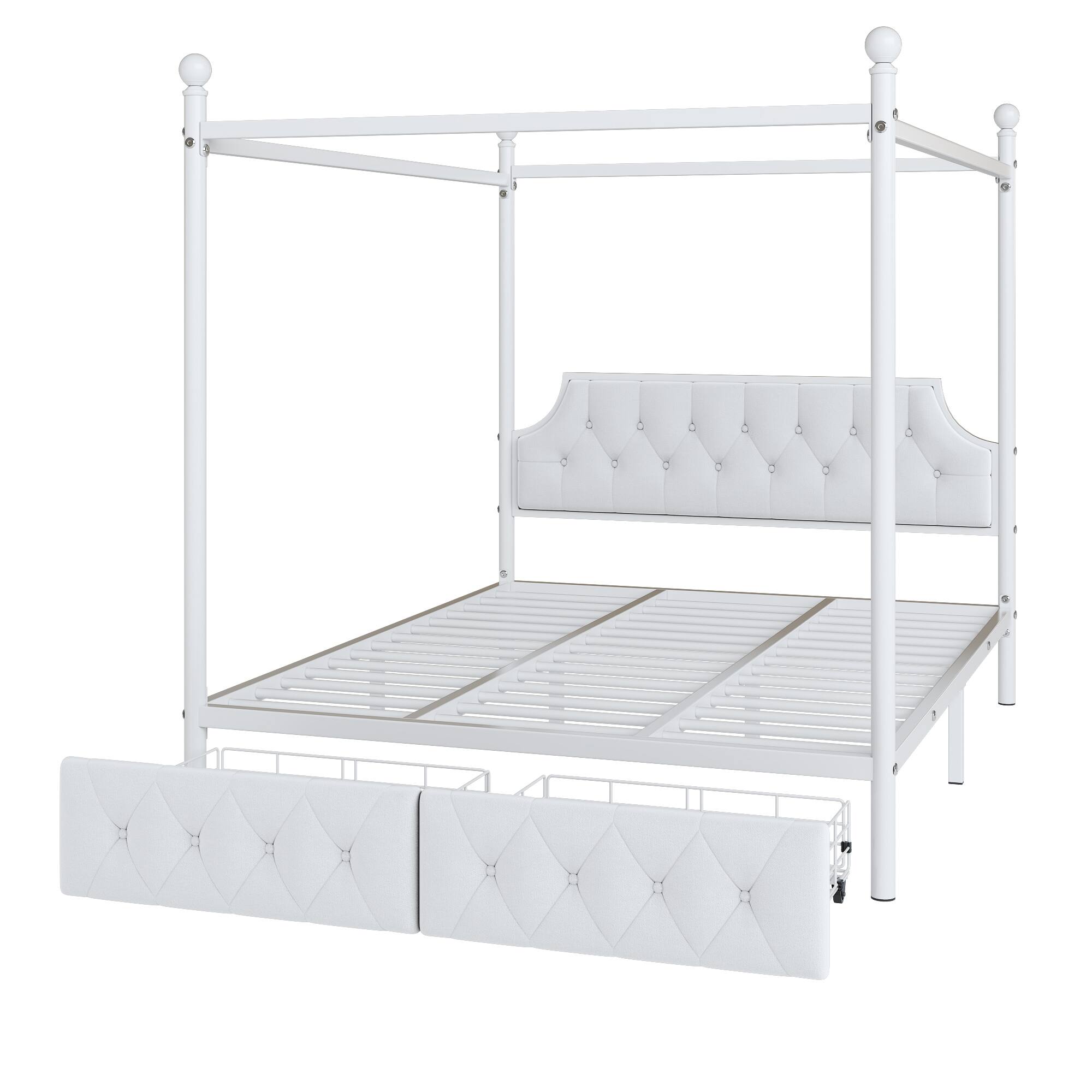 Alt View 1. LUCKY ONE - Queen Size Metal Canopy Platform Bed with Upholstered Headboard and Two Storage Drawers - White.