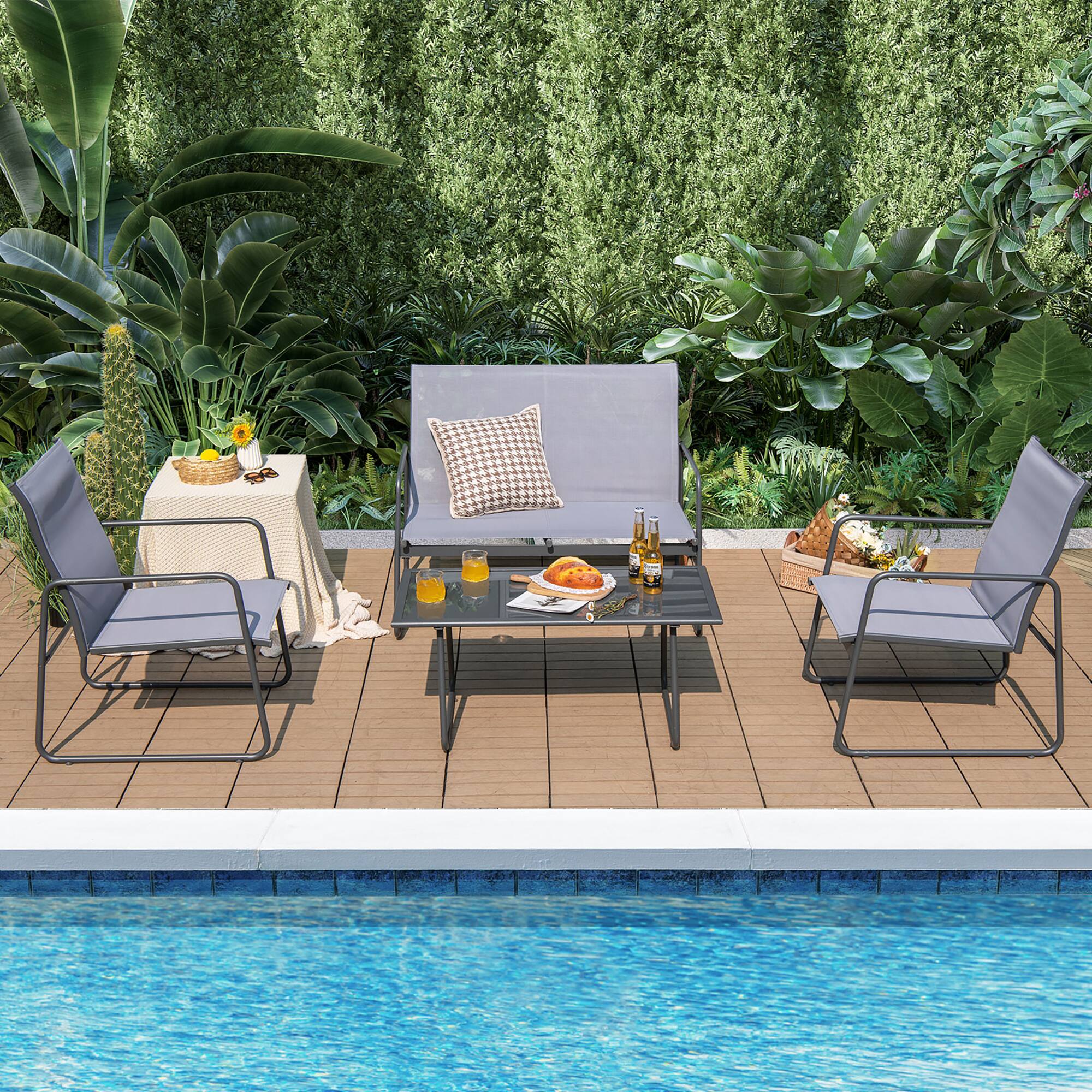 Alt View 1. Costway - Costway 4-Piece Metal Patio Furniture Chat Set Outdoor Conversation Table Garden - Grey,Black.