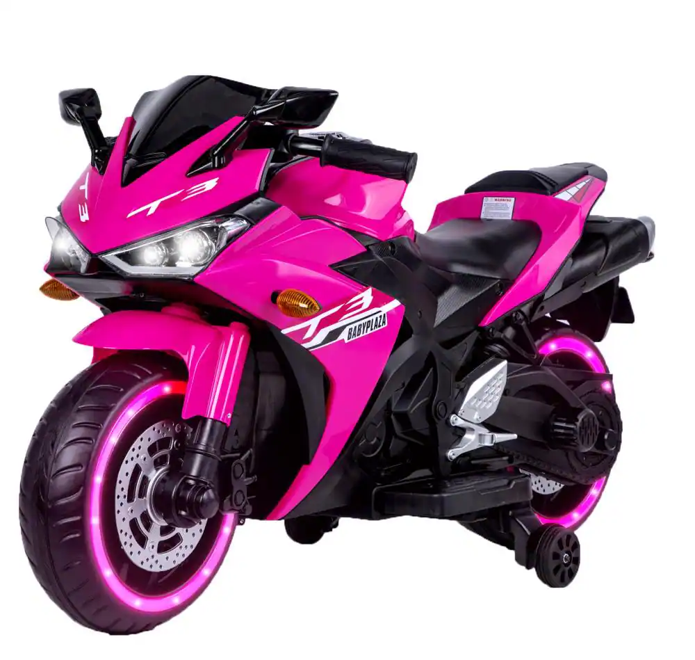 BreeBe - 12V Kids Motorcycle Ride On Toy with Training Wheels, Manual Throttle, Hand Drive & Lighting Wheels for Ages 3-6 - Pink