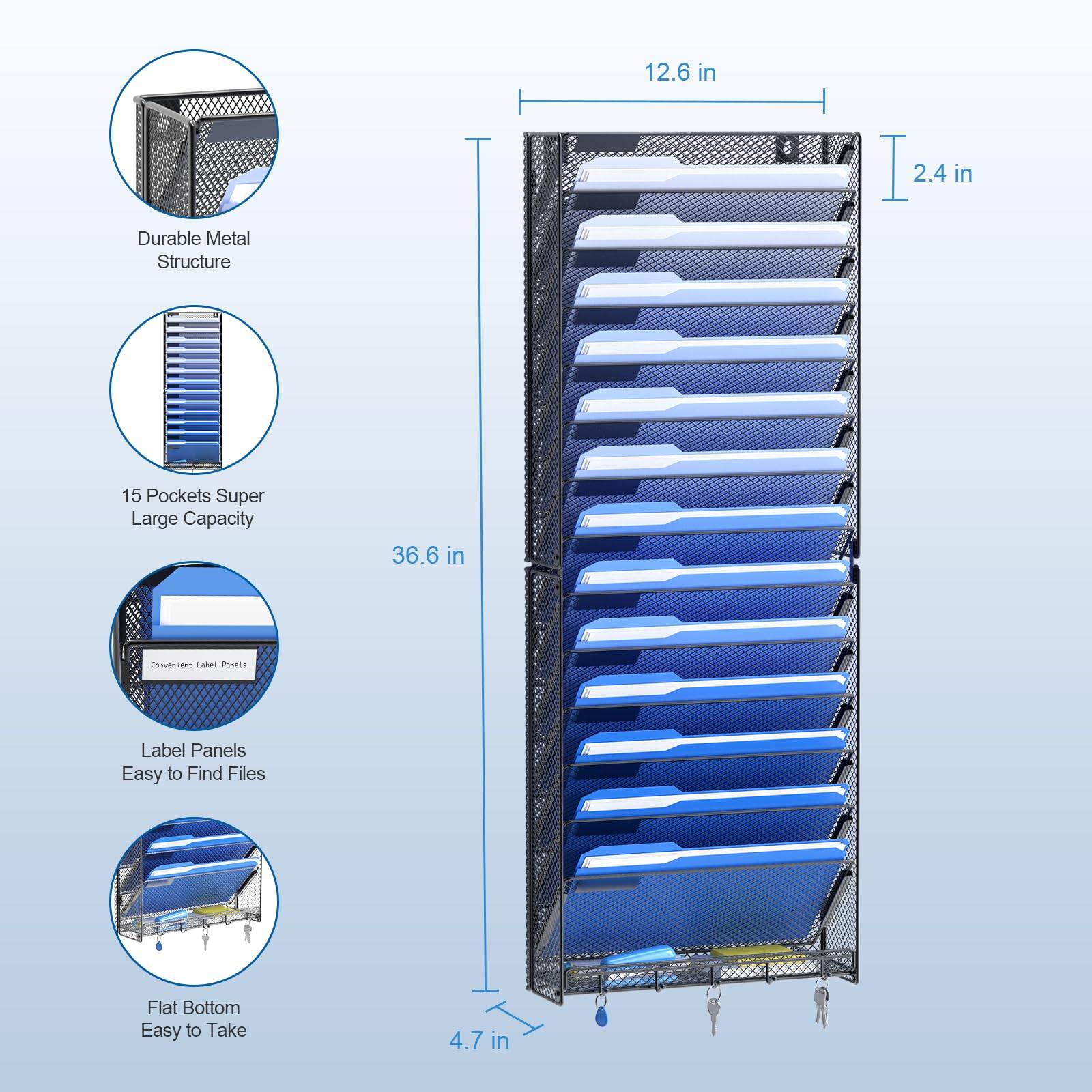 12.6 in  
Durable Metal Structure  

2.4 in  
15 Pockets Super Large Capacity  

36.6 in  
Label Panels Easy to Find Files  

4.7 in  
Flat Bottom Easy to Take