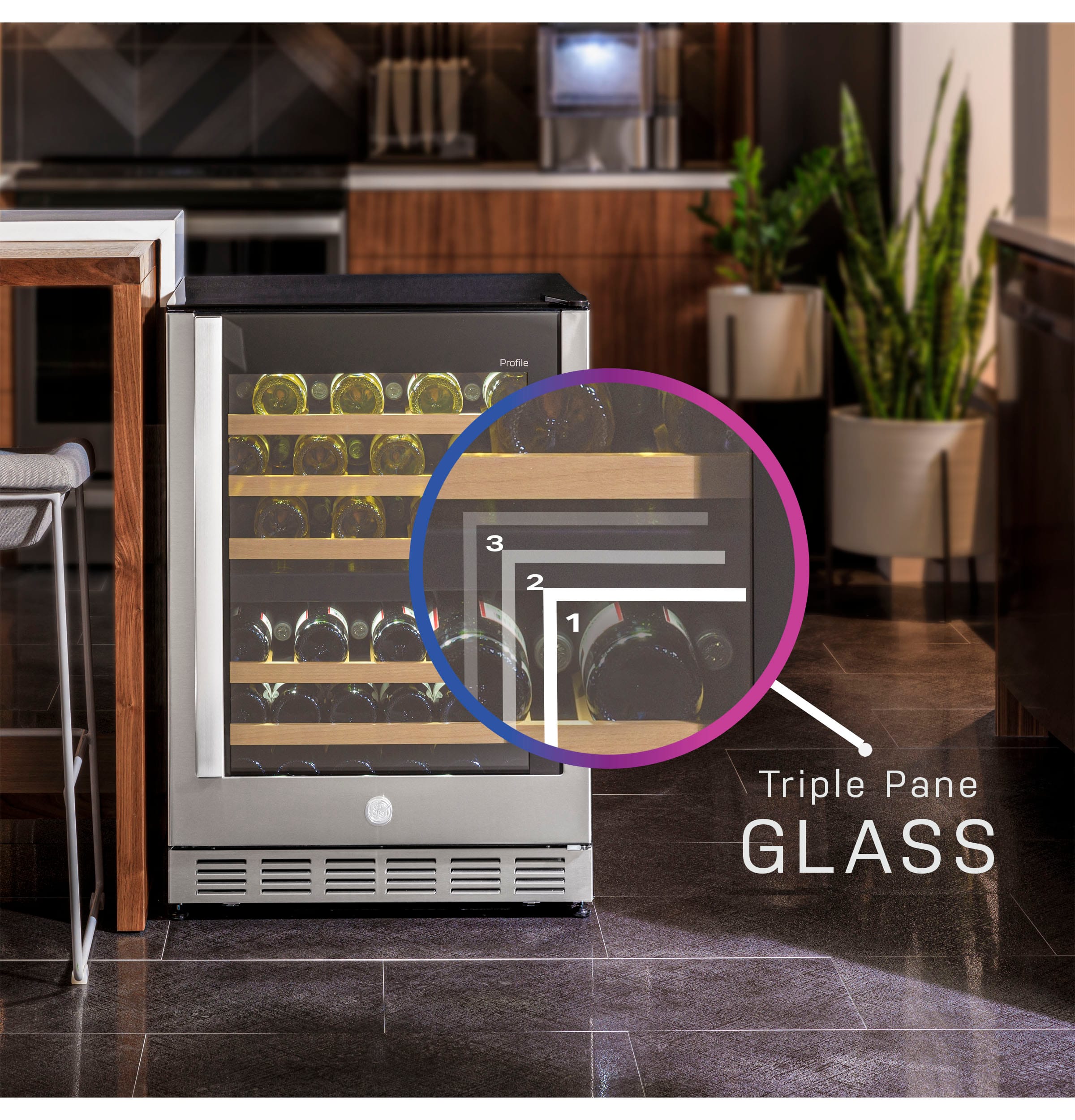 The text on the image reads "Profie 3 2 1 Triple Pane GLASS." This suggests that the image features a triple pane glass, which is likely a part of a refrigerator or freezer. The glass is designed to provide insulation and maintain a consistent temperature inside the appliance.