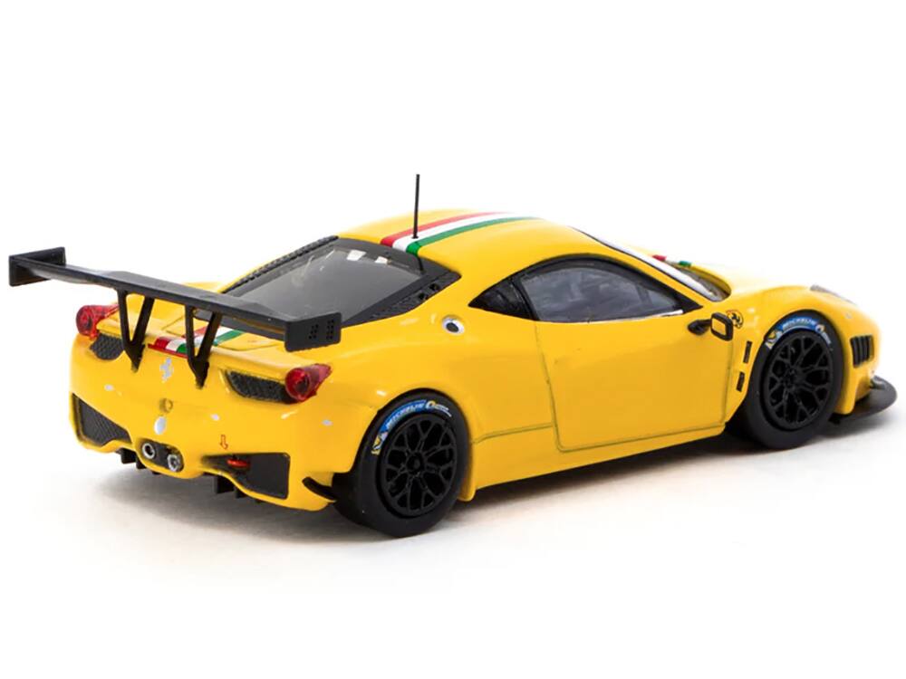 Left. Tarmac Works - Ferrari 458 Italia GT3 Yellow with Italian Flag Stripes "Road64" Series 1/64 Diecast Model Car by Tarmac Works - Yellow.