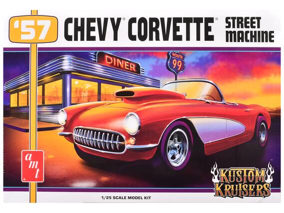 Sure, here is the corrected and grouped text from the image:
---
**'57 CHEVY CORVETTE STREET MACHINE**
**DINER**
**ROUTE 99**
**a m t**
**1/25 SCALE MODEL KIT**
**KUSTOM KRUISERS**
---