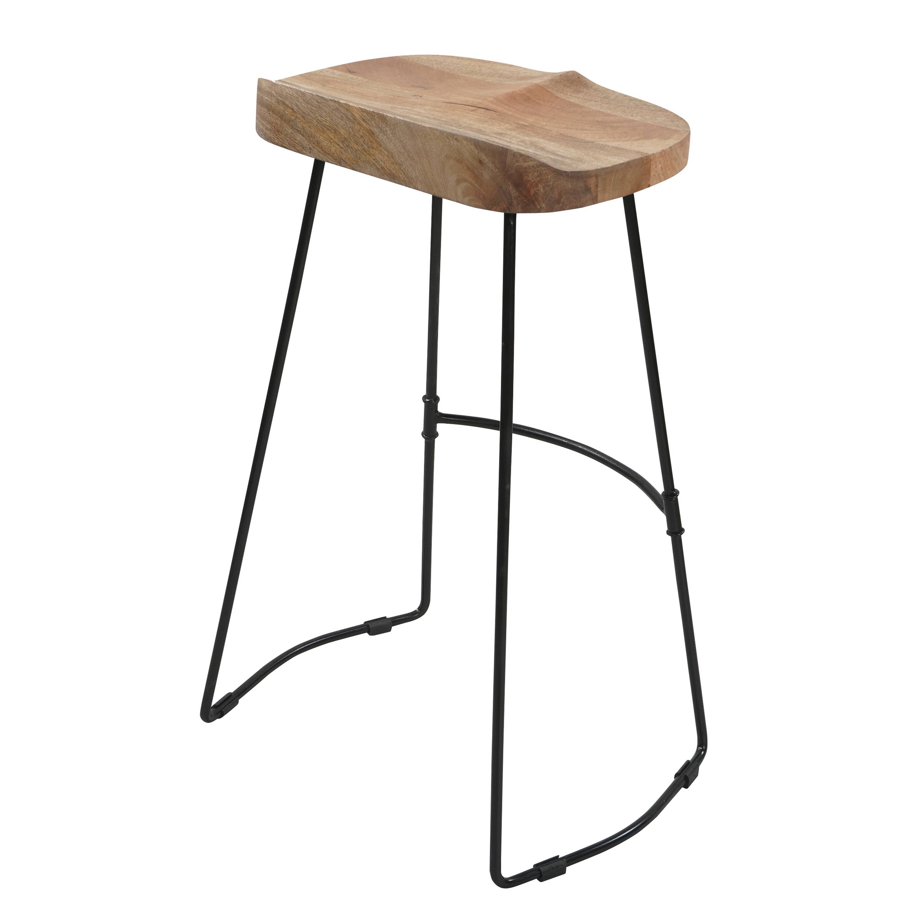 Left. Manhattan Lane - Tiva 30 Inch Handcrafted Backless Barstool, Natural Brown Mango Wood Saddle Seat, Black Metal Base - Brown, Black.