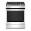 The image features a stainless steel oven with a black door, manufactured by Maytag. The oven has a silver handle and is designed to be built into a kitchen cabinet. The door is currently open, revealing the empty interior of the oven.