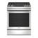 The image features a stainless steel oven with a black door, manufactured by Maytag. The oven has a silver handle and is designed to be built into a kitchen cabinet. The door is currently open, revealing the empty interior of the oven.