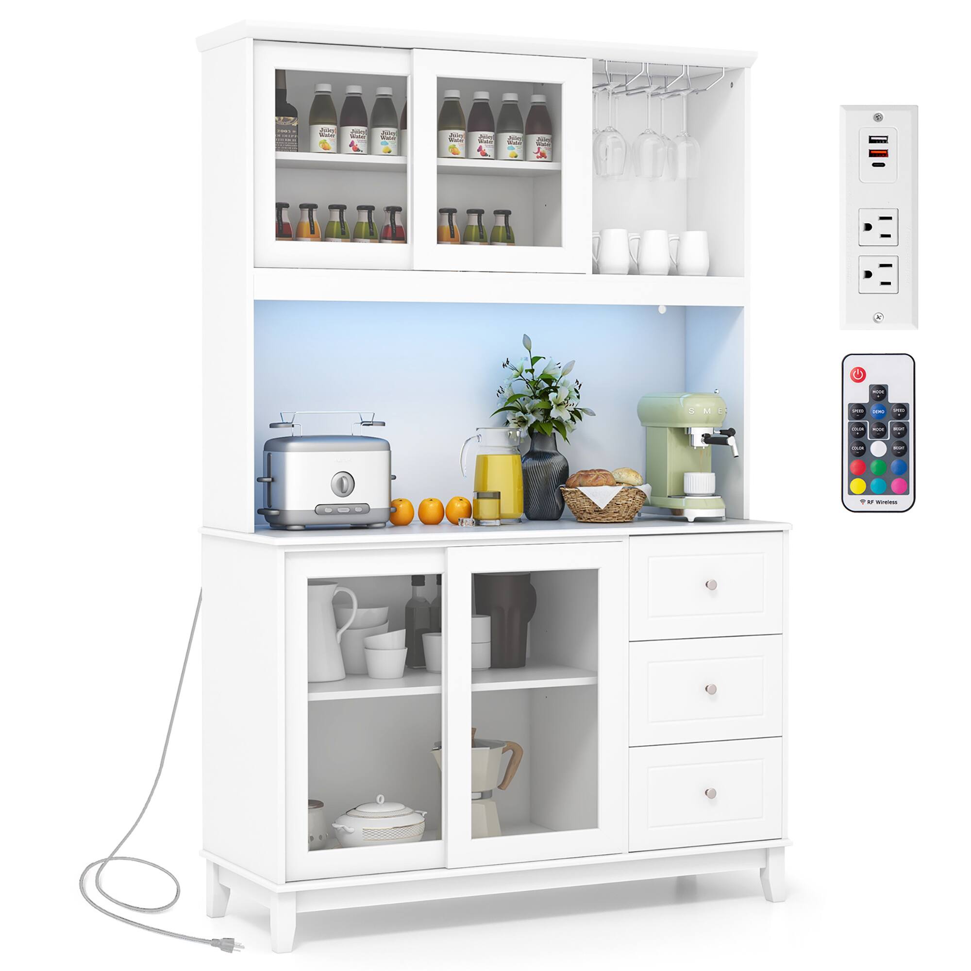 Gymax - Kitchen Pantry Storage Cabinet Kitchen Hutch w/ LED lights & Power Outlet - White