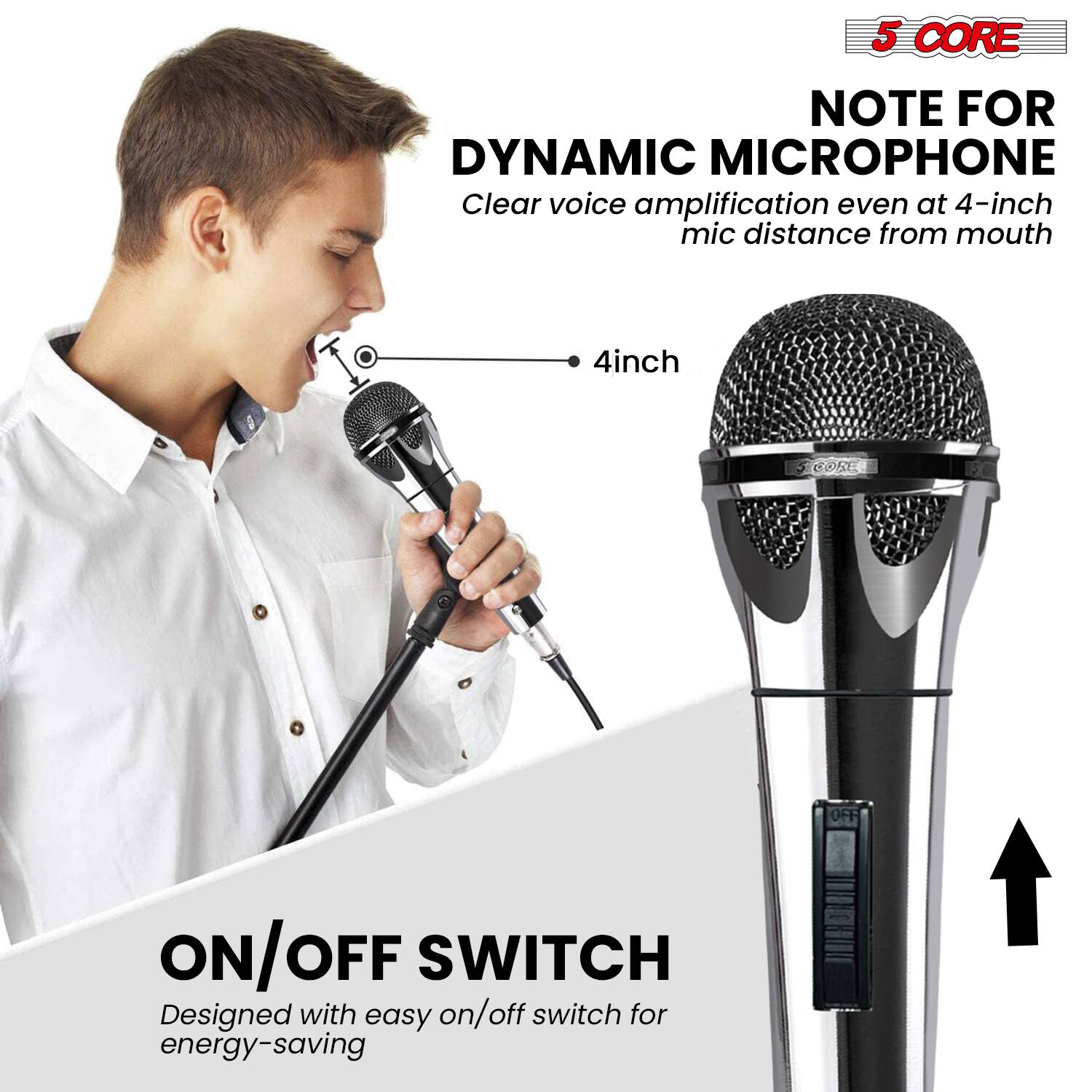 5 CORE NOTE FOR DYNAMIC MICROPHONE  
Clear voice amplification even at 4-inch mic distance from mouth  

4inch  

ON/OFF SWITCH  
Designed with easy on/off switch for energy-saving