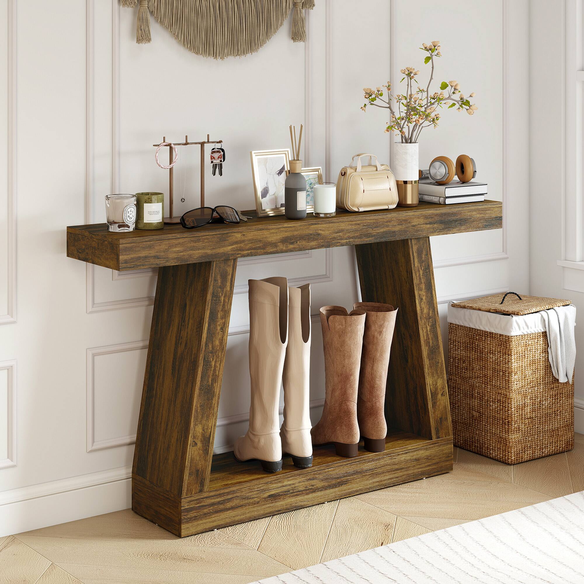 Alt View 1. Homcom - Farmhouse Console Table, 2-Tier Entryway Table with Storage for Hallway, Living Room, Behind Couch - Dark brown.