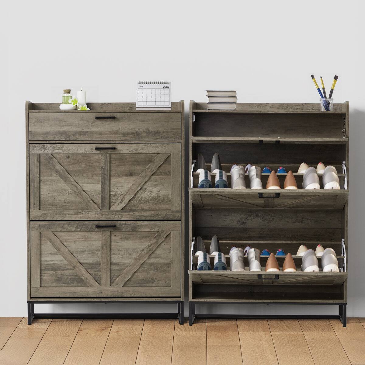Back. U-HOMY - Shoe Storage Cabinet with 2 Flip Drawers, Freestanding Entryway Organizer with Adjustable Shelves and Side Hooks - Oak Gray.