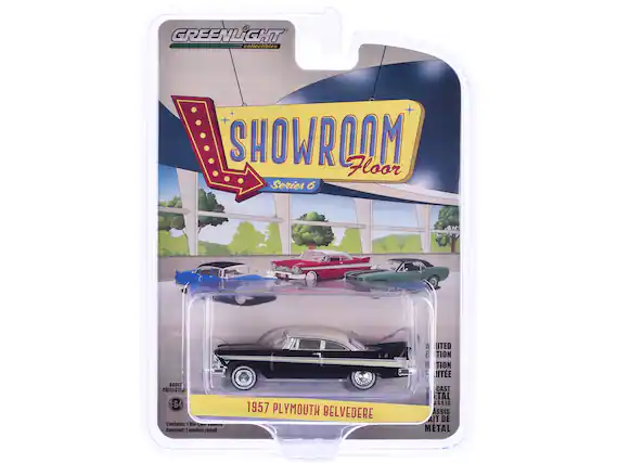 GREENLIGHT collectibles
SHOWROOM Floor Series 6
ADULT COLLECTIBLE 1:64
Contains: 1 Die-cast
Contient: 1 modèle réduit
1957 PLYMOUTH BELVEDERE
LIMITED EDITION
CAST METAL
FABRIQUÉ EN MÉTAL