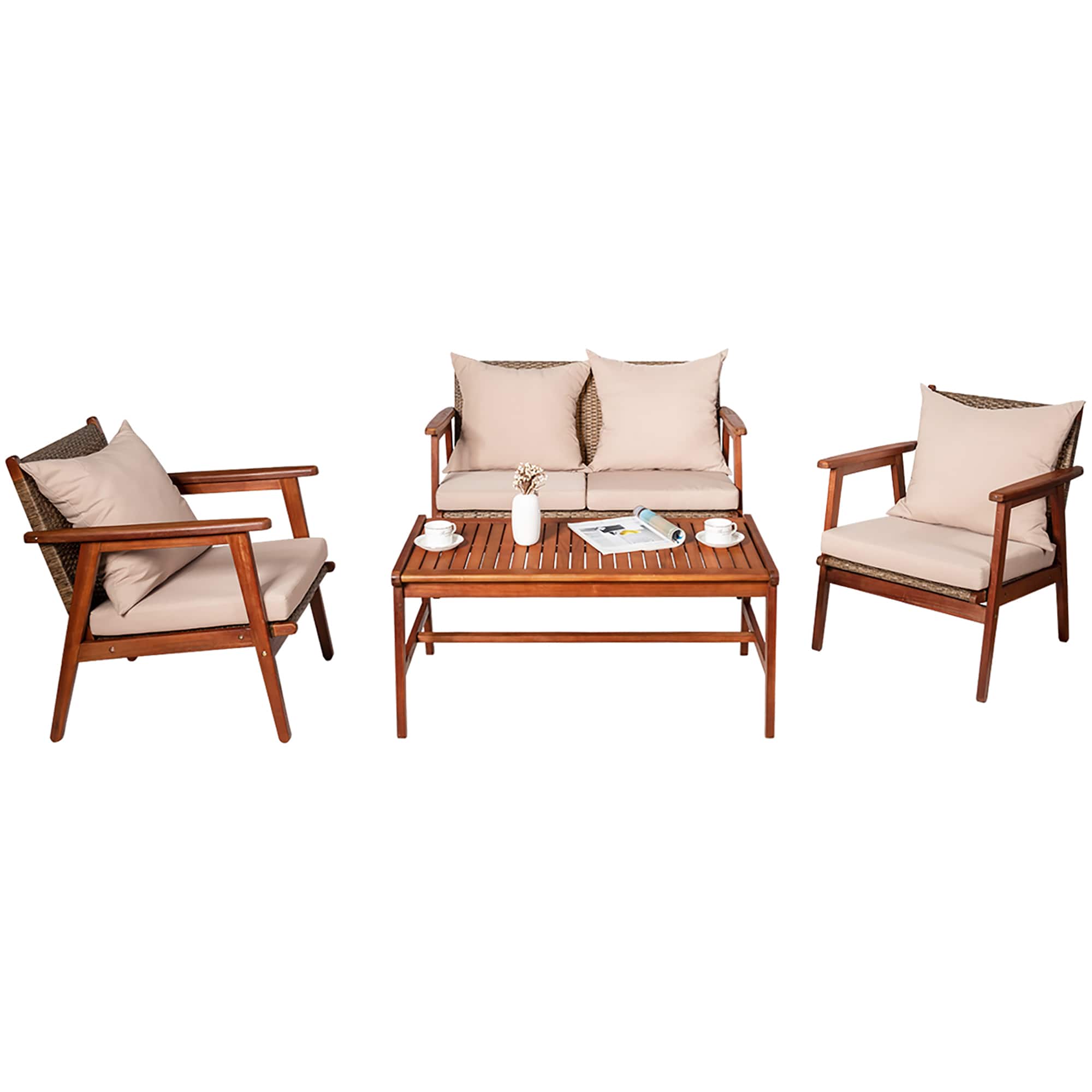 Costway - 4PCS Outdoor Rattan Furniture Set Acacia Wood Table Cushioned Sofa Chair Garden - Coffee