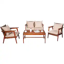 Costway - 4PCS Outdoor Rattan Furniture Set Acacia Wood Table Cushioned Sofa Chair Garden - Coffee