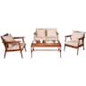 Costway - 4PCS Outdoor Rattan Furniture Set Acacia Wood Table Cushioned Sofa Chair Garden - Coffee