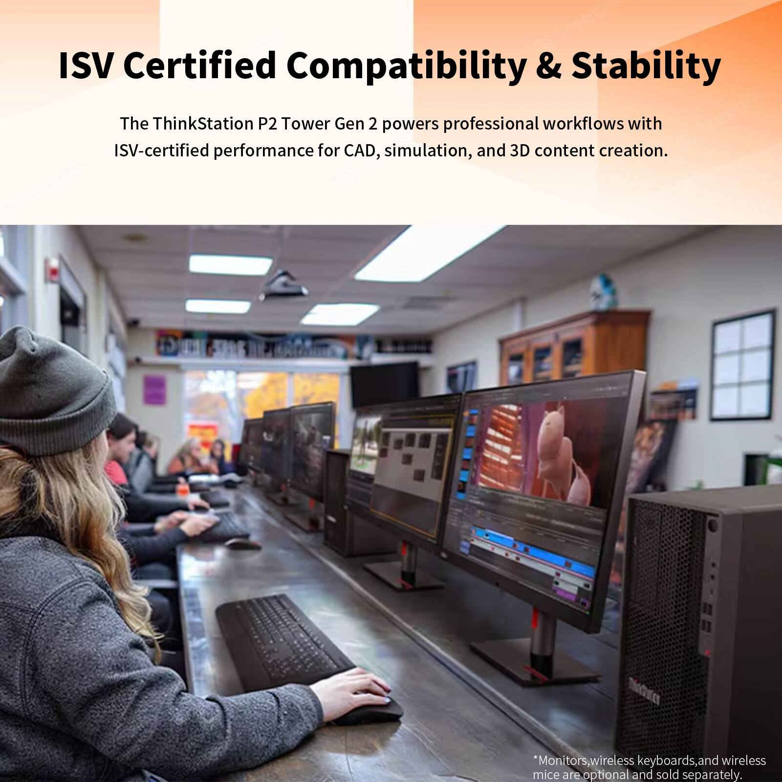 ISV Certified Compatibility & Stability

The ThinkStation P2 Tower Gen 2 powers professional workflows with ISV-certified performance for CAD, simulation, and 3D content creation.

*Monitors, wireless keyboards, and wireless mice are optional and sold separately.