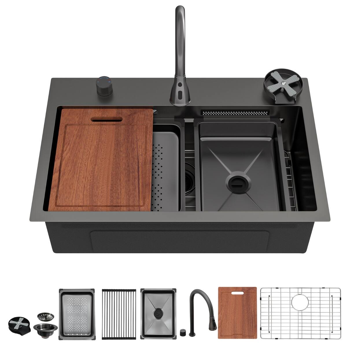 Alt View 6. Ropilly - Ropilly 31.5 Inch Drop In Waterfall Kitchen Sink Gunmetal Black Single Bowl Workstation with Pull Down Faucet - Gunmetal Black.