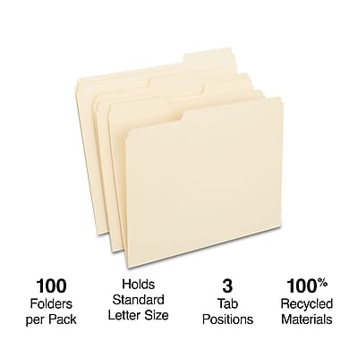 100 Folders per Pack  
Holds Standard Letter Size  
3 Tab Positions  
100% Recycled Materials