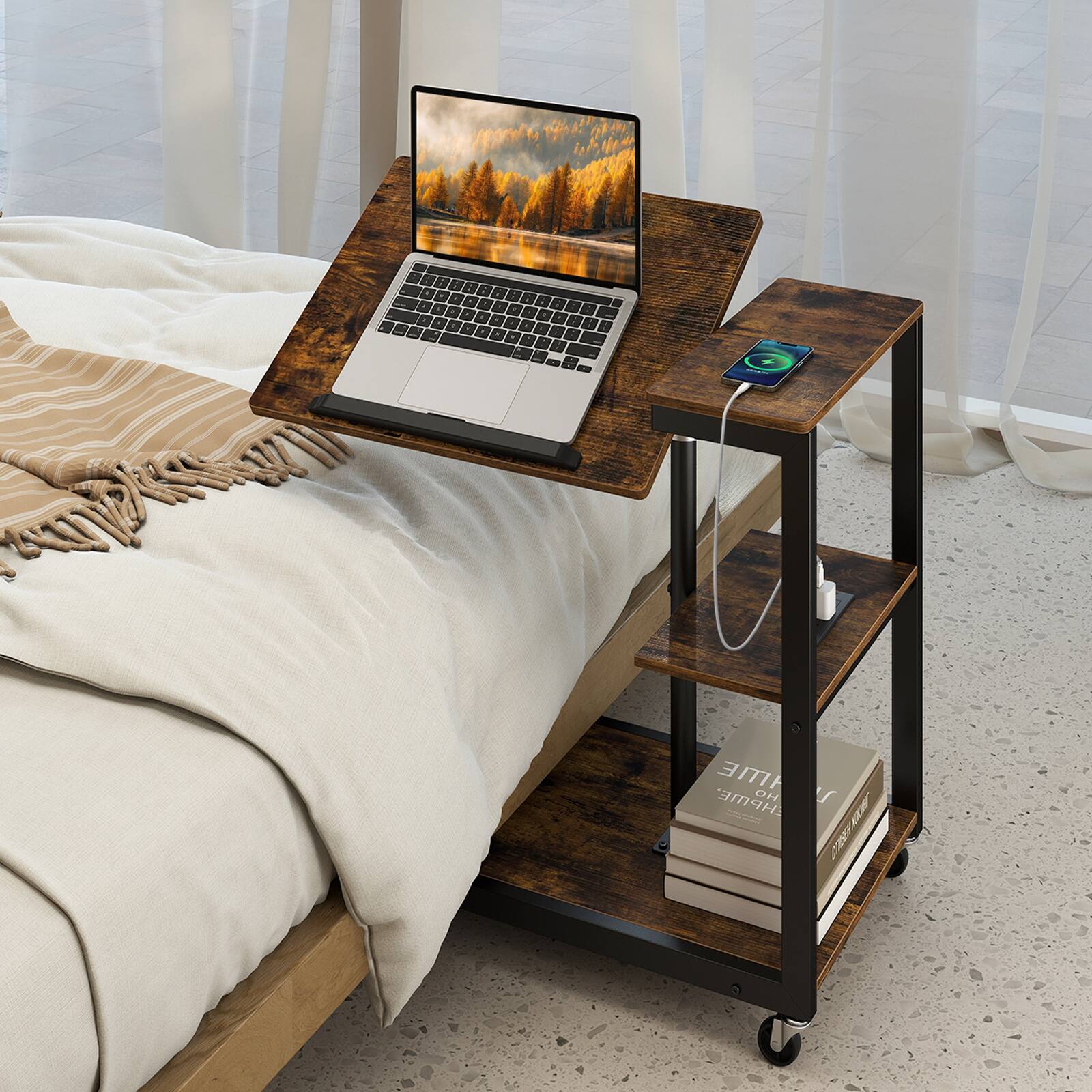 Alt View 3. Costway - Costway 1 PCS Height Adjustable C Table with Charging Station, Tiltable Tabletop, Storage Shelves - Rustic Brown + Black.