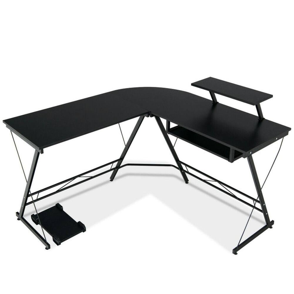Alt View 3. Kadyn - L Shaped Computer Desk Home Office Workstation with Movable Monitor Stand-Black, Home Office Desks, Computer Desks - Black.
