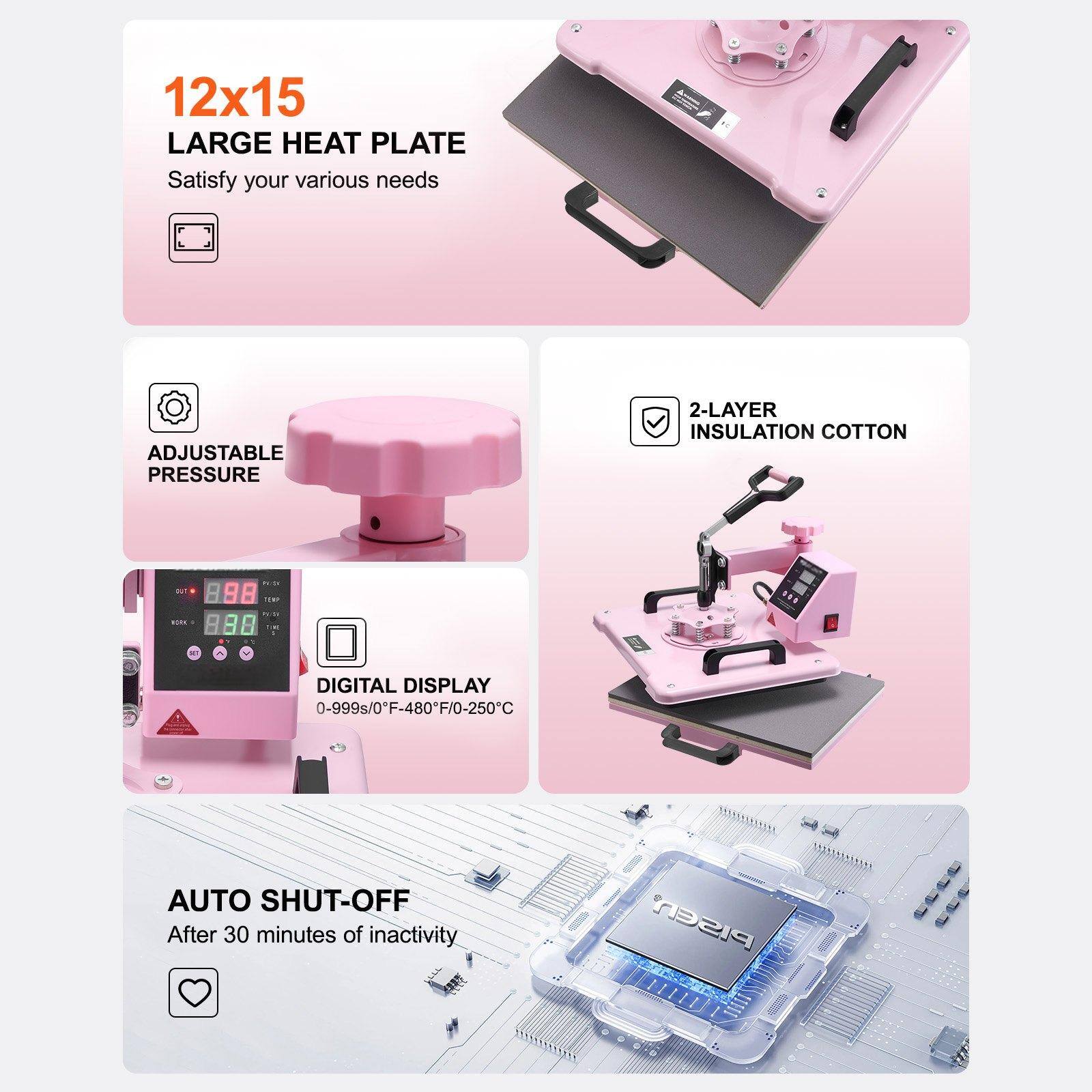 12x15 LARGE HEAT PLATE  
Satisfy your various needs  

ADJUSTABLE PRESSURE  

2-LAYER INSULATION COTTON  

DIGITAL DISPLAY  
0-999s/0°F-480°F/0-250°C  

AUTO SHUT-OFF  
After 30 minutes of inactivity