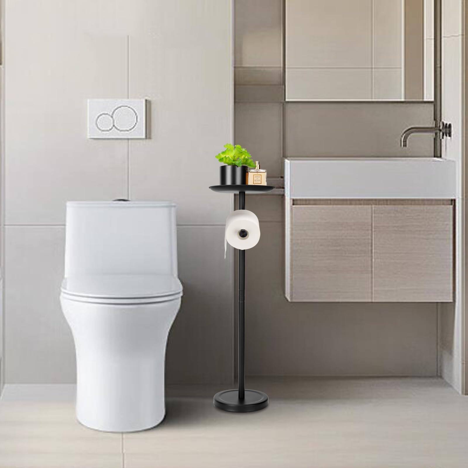 Back. Dazzed Corner - Toilet Paper Holder Stand with Shelf, Heavy Base - Black.