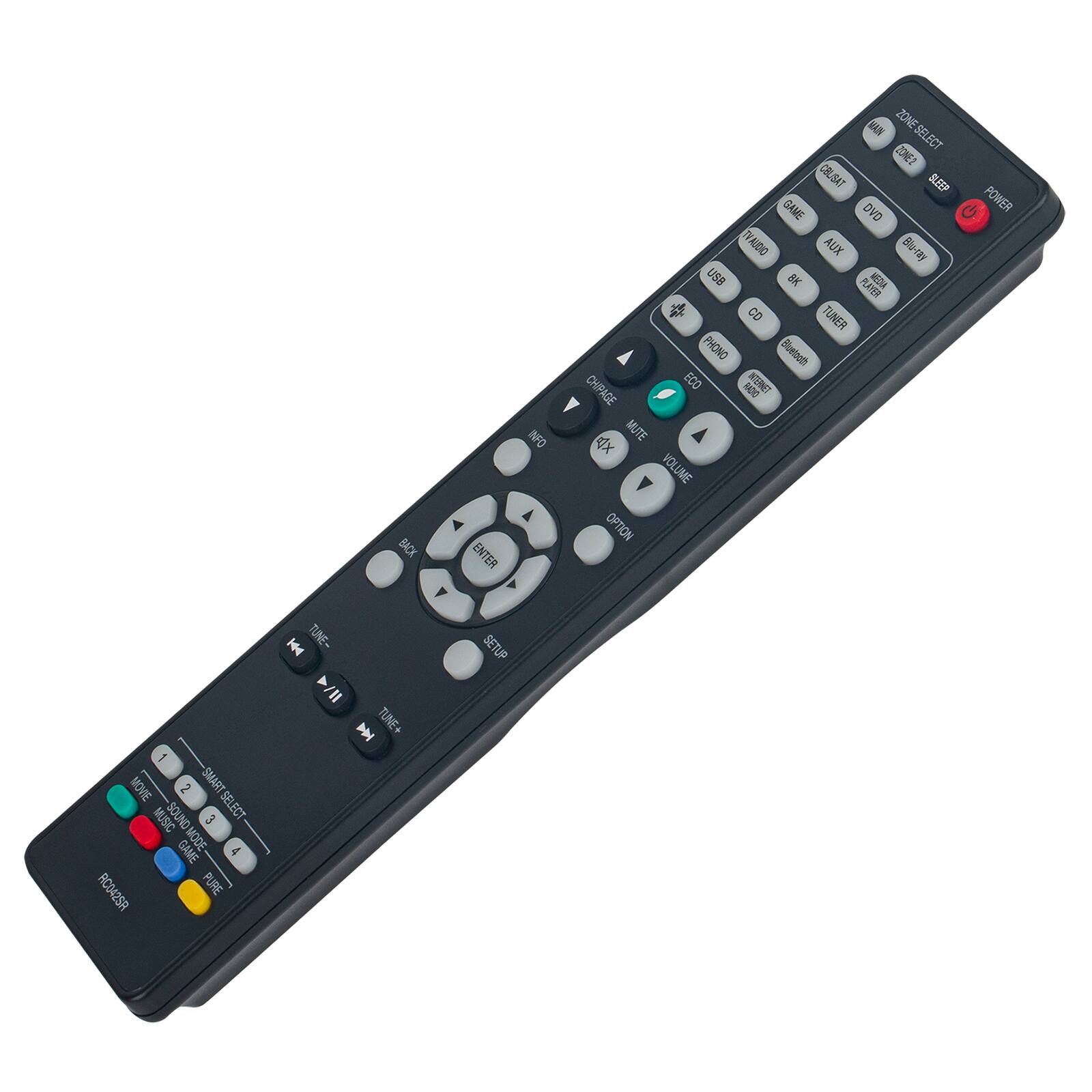 - MOVE ~ SMART MUSIC SOUND
- SELECT GAME MODE
- RCO425R PURE BACK
- TUNE- / TUNE+
- ENTER SETUP INFO
- MAN ZONE SELECT
- TONE2
- COLISAT
- SLEEP
- GAME
- DVD
- POWER
- TV/AUDIO
- AUX
- USB
- PLAY/PAUSE
- AGD
- CD
- TUNER
- PHONO
- Bluetooth
- CHIPAGE
- ECO
- BOO
- NTURAET
- MUTE
- VOLUME
- OPTION

- ZONE SELECT
- COLISAT
- SLEEP
- POWER
- GAME
- AUX
- USB
- OK
- TUNER
- PHONO
- ECO
- MUTE
- VOLUME
- OPTION
- ENTER
- SETUP
- TUNE-
- TUNE+
- 1
- 2
- 3
- 4
- PROGRESS