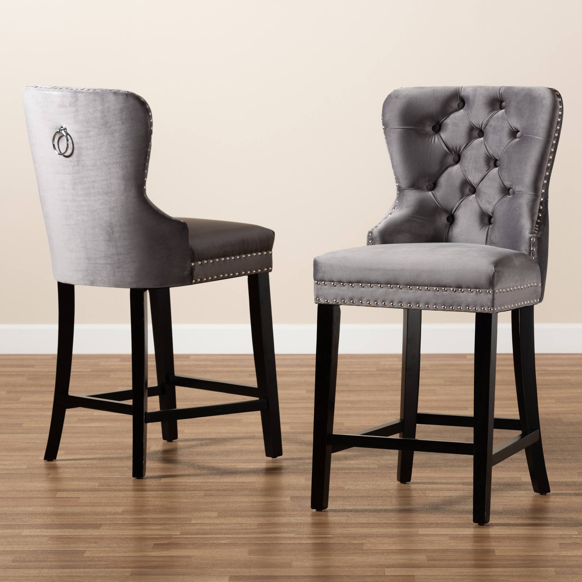 Alt View 4. Baxton Studio - Howell Modern Transitional Velvet Upholstered and Finished Wood 2-Piece Counter Stool Set - Grey/espresso brown.
