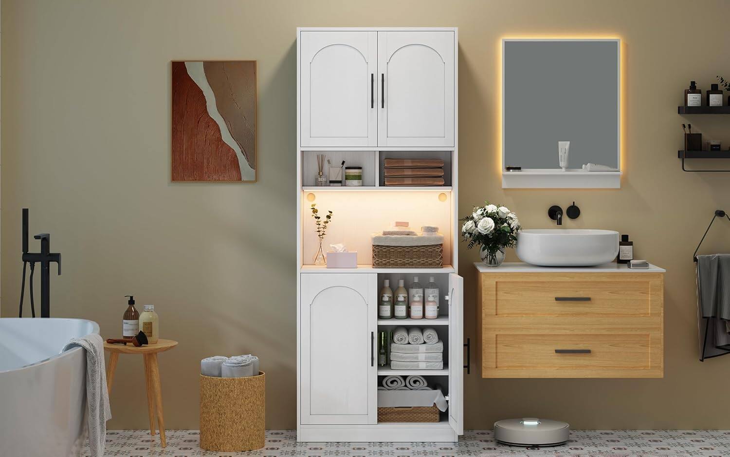 Front. Homhougo - Kitchen Pantry Cabinet with LED Light, Microwave Stand, Barn Doors, 2 Shelves, White - White.
