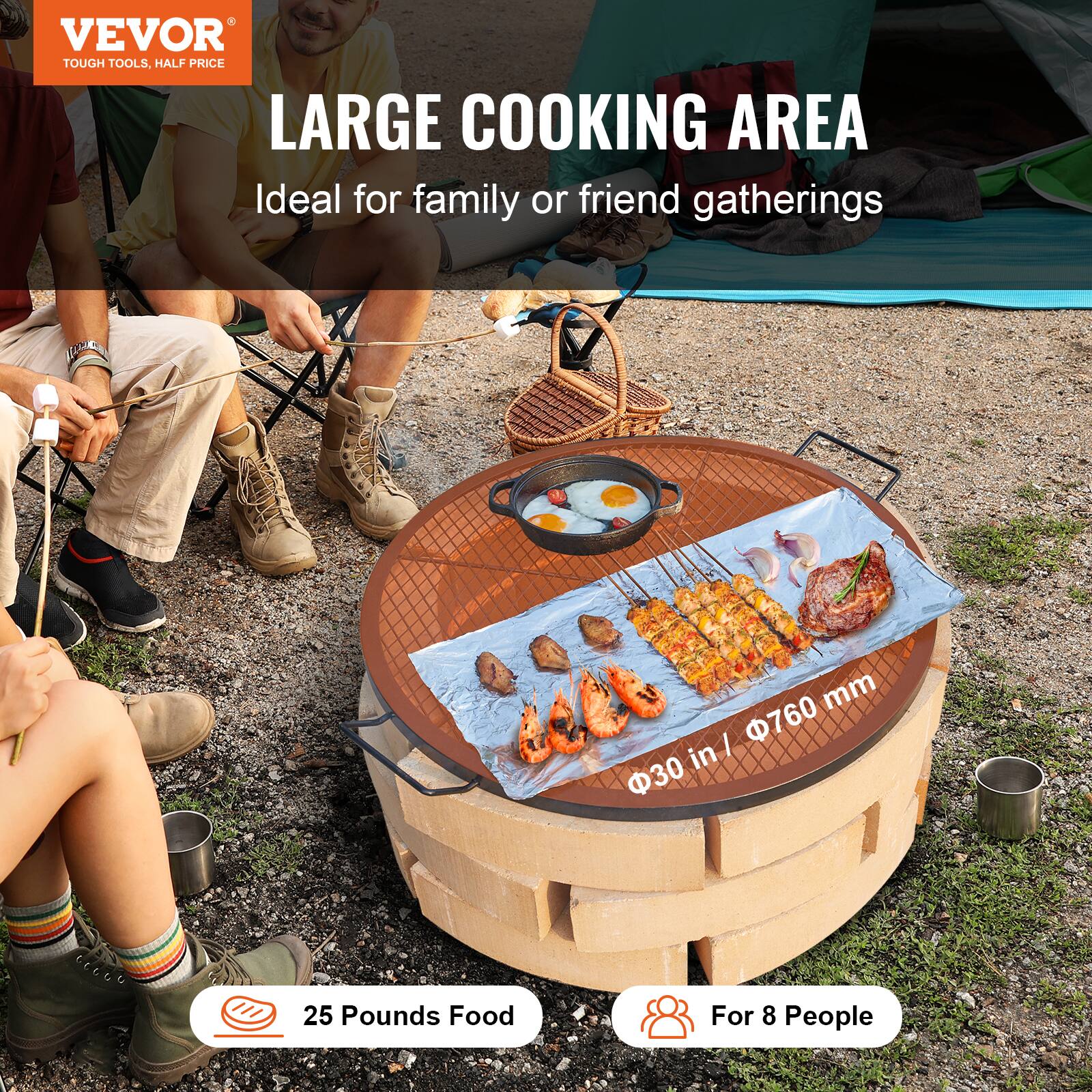 VEVOR TOUGH TOOLS. HALF PRICE LARGE COOKING AREA Ideal for family or friend gatherings 30 in / 760 mm 25 Pounds Food For 8 People