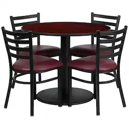 Flash Furniture - Jamie 36'' Round Mahogany Laminate Table Set with Round Base and 4 Ladder Back Metal Chairs - Vinyl Seat - Burgundy