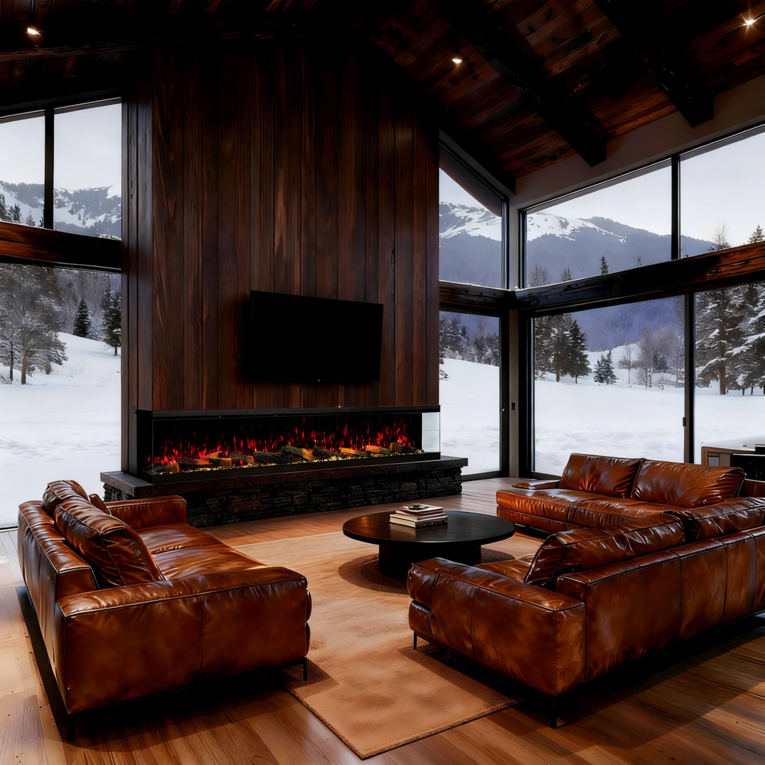 Angle. Mondawe - 100" Recessed/Wall Mounted 3-Sided Electric Fireplace with App and Wifi Smart Control, 1500W/3000W PTC Ceramic Heating - Black.