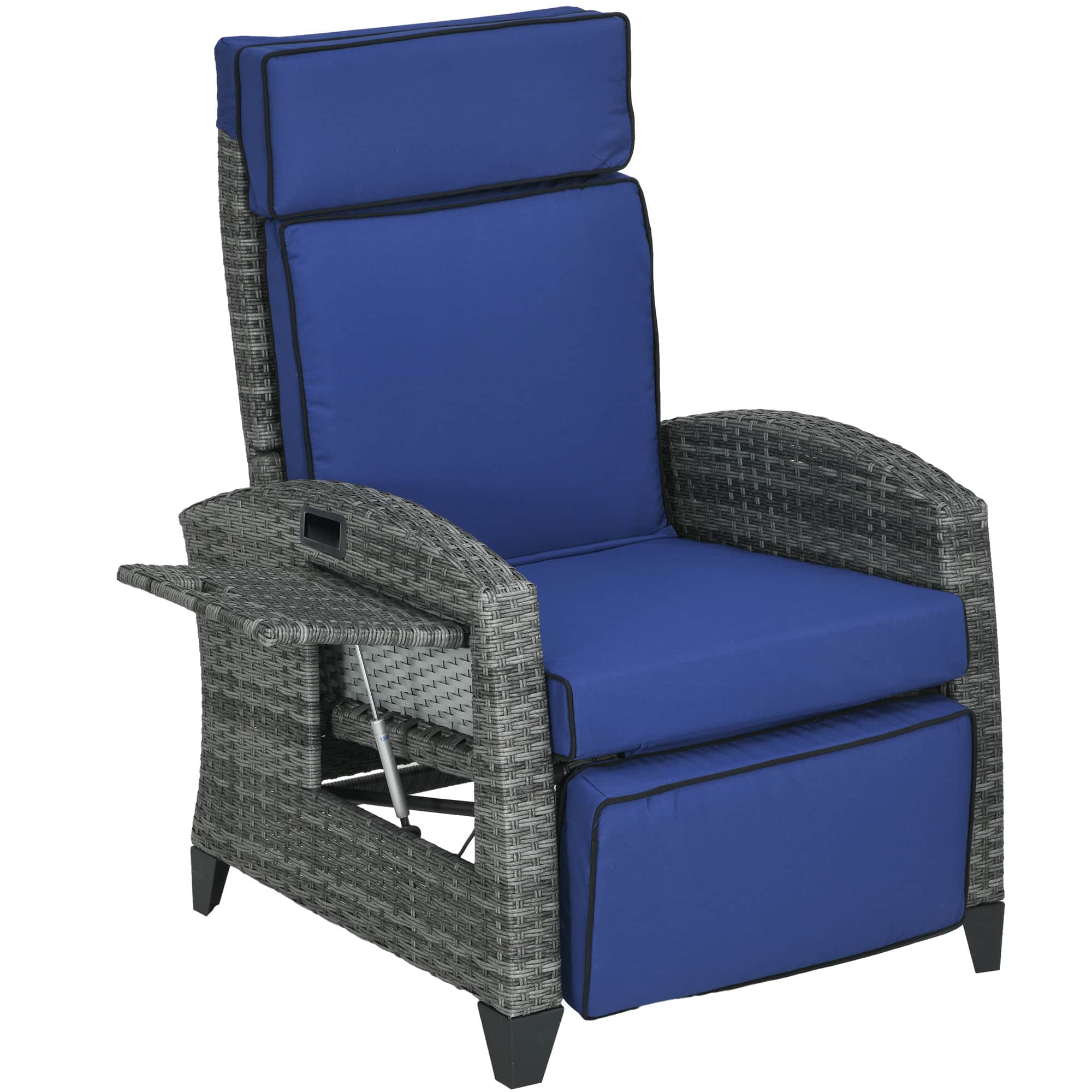 Outsunny - Outdoor Recliner Chair with Cushions, PE Wicker Reclining Patio Lounge Chair with Adjustable Footrest, Armrests - Blue